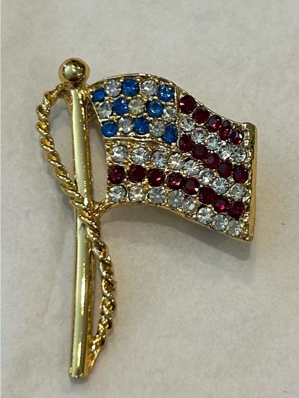 Gold-Tone American Flag Crystal Brooch - Red, White & Blue